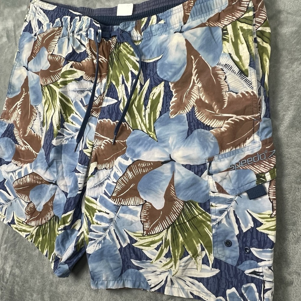 Speedo Shorts Mens Large Blue Hawaiian Floral Swim Trunk Mesh Lined Pockets Logo